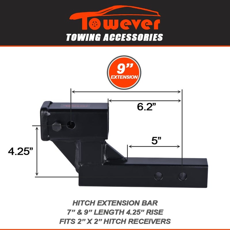 Towever 84122 Receiver Hitch Extender with 4" Drop/Rise, 9" Extension, Hitch Riser Solid Tube (GTW/TW 5000/500 LBS) with Pin and Clip - Image 2